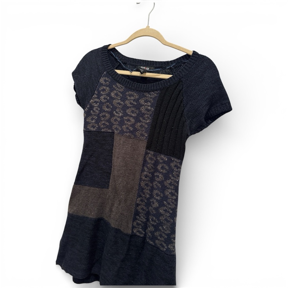 Style & Co. Women's Navy Black and Brown Patchwork Sweater Dress Medium Petite